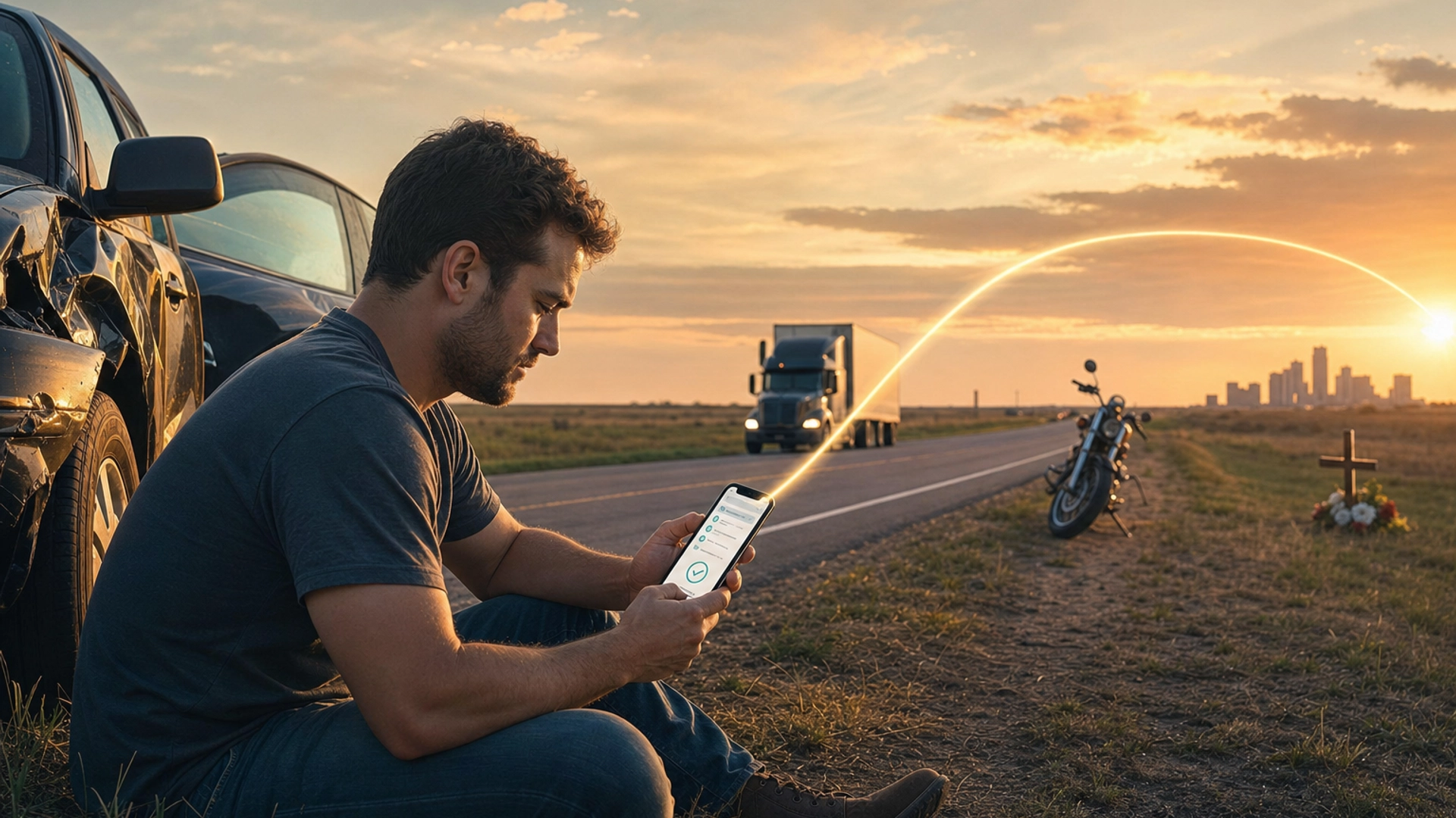 Driver checking options on a phone beside a vehicle after a crash